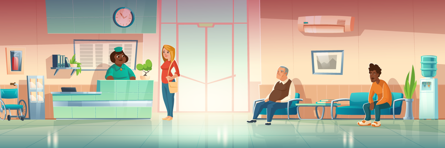 Ilustração que representa a sala de espera de um hospital. Uma mulher está sendo atendida pela recepcionista e dois homens estão sentados aguardando atendimento.